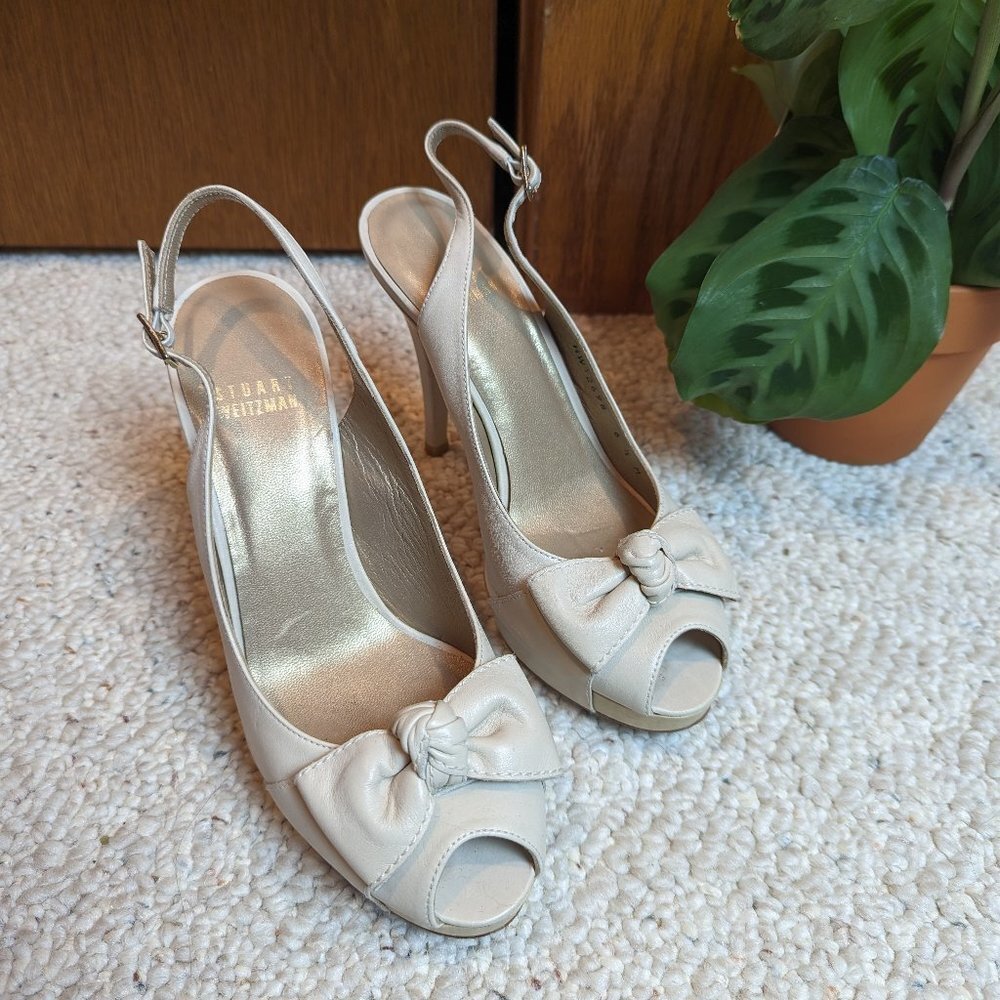 Stuart Weitzman Friller Calf Bone Butter Sling Back Stilettos